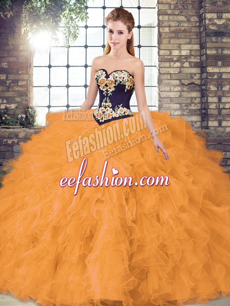 Great Orange Lace Up Ball Gown Prom Dress Beading and Embroidery Sleeveless Floor Length