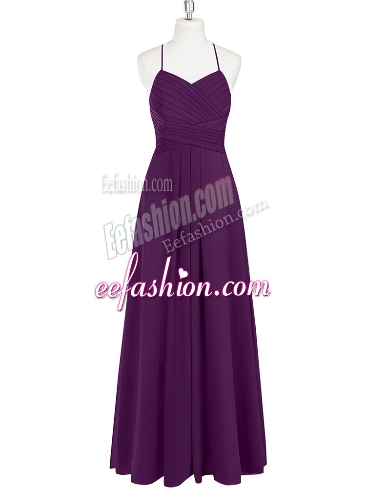  Eggplant Purple Empire Chiffon Straps Sleeveless Ruching Floor Length Zipper Dress for Prom