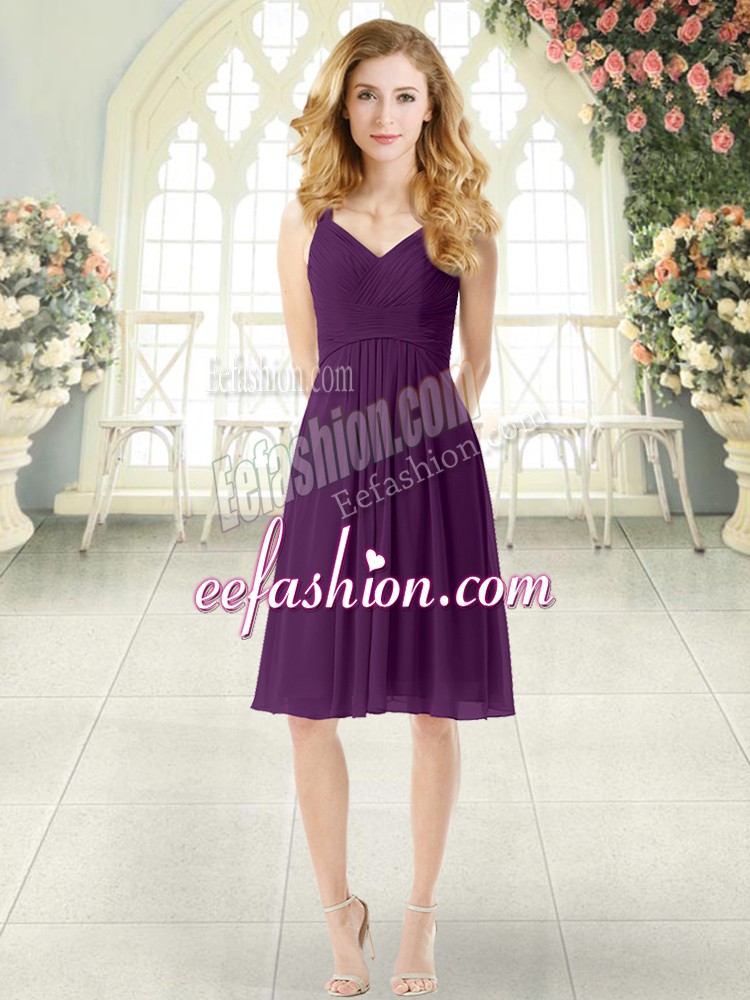  Purple Empire Straps Sleeveless Chiffon Knee Length Zipper Ruching Prom Evening Gown