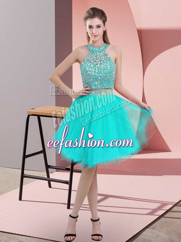  Turquoise Sleeveless Beading Knee Length Prom Dress