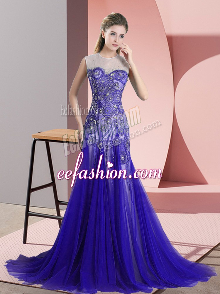 Blue Backless Prom Party Dress Beading and Appliques Sleeveless Sweep Train