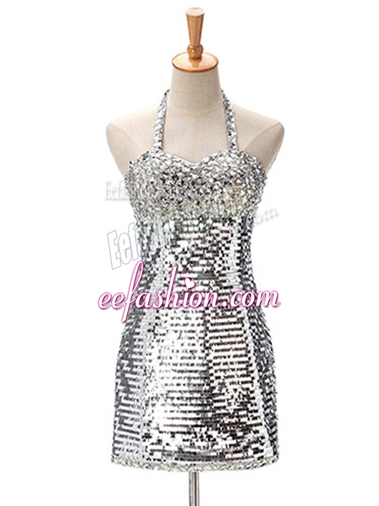  Silver Sleeveless Ruching Mini Length Prom Evening Gown