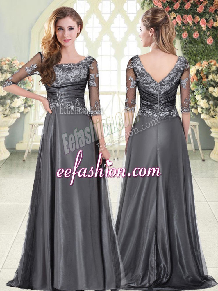 Sophisticated Satin Half Sleeves Prom Dress Sweep Train and Beading and Lace