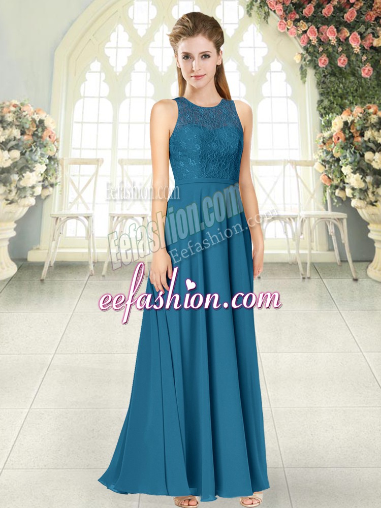 Latest Floor Length Backless Evening Dress Teal for Prom and Party with Lace