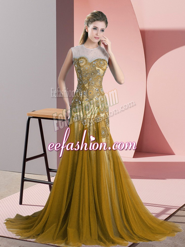 Suitable Sleeveless Sweep Train Backless Beading and Appliques Prom Gown