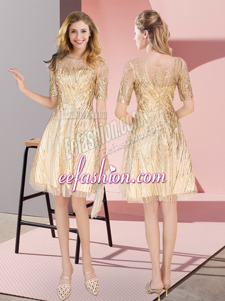 Glorious Gold Half Sleeves Knee Length Ruching Zipper Prom Party Dress