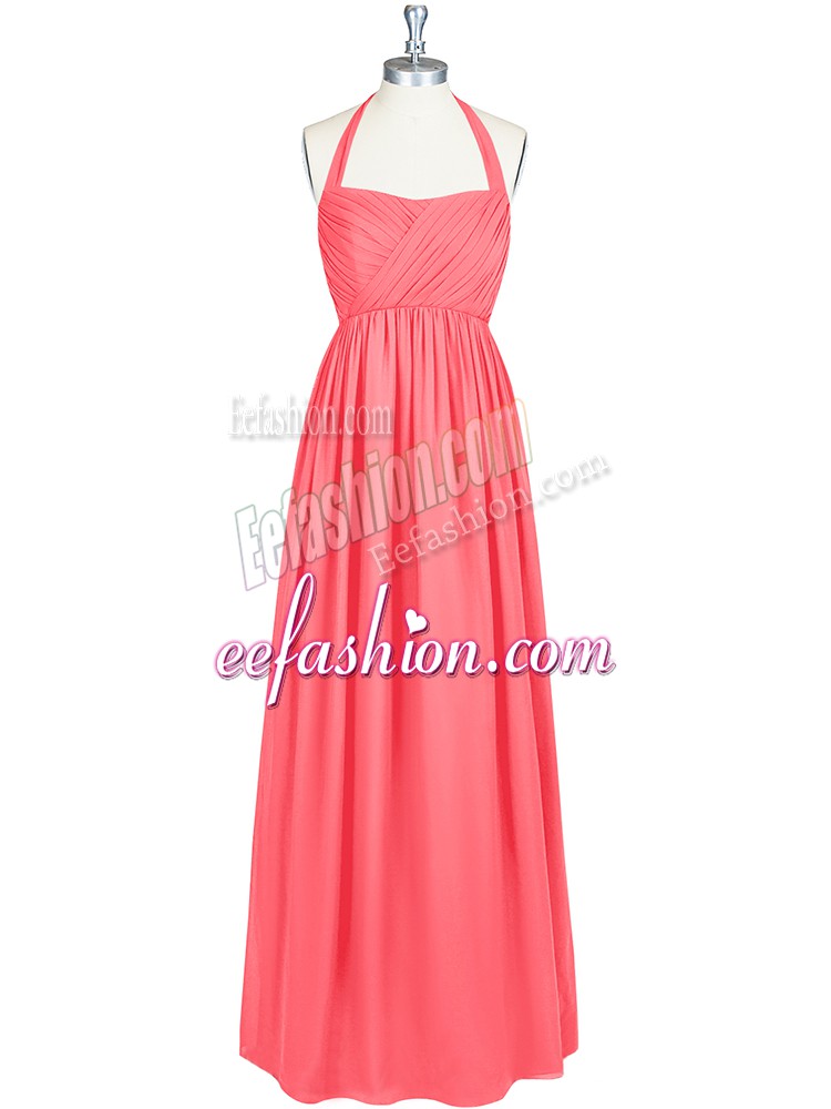 Affordable Watermelon Red Prom Gown Prom and Party and Wedding Party with Ruching Halter Top Sleeveless Zipper