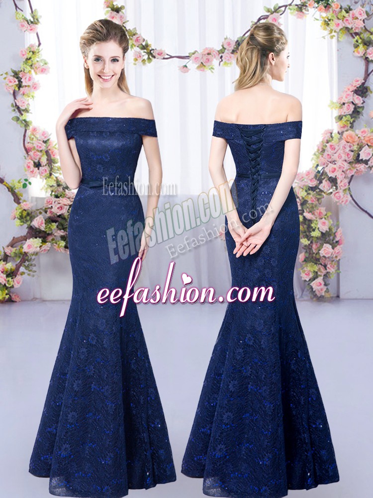  Floor Length Lace Up Quinceanera Court Dresses Navy Blue for Prom and Party and Wedding Party with Lace