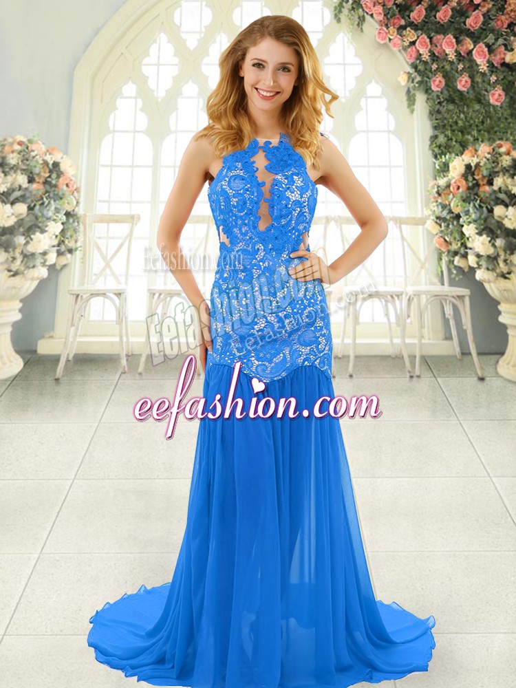  Scoop Sleeveless Prom Gown Brush Train Lace Blue Chiffon