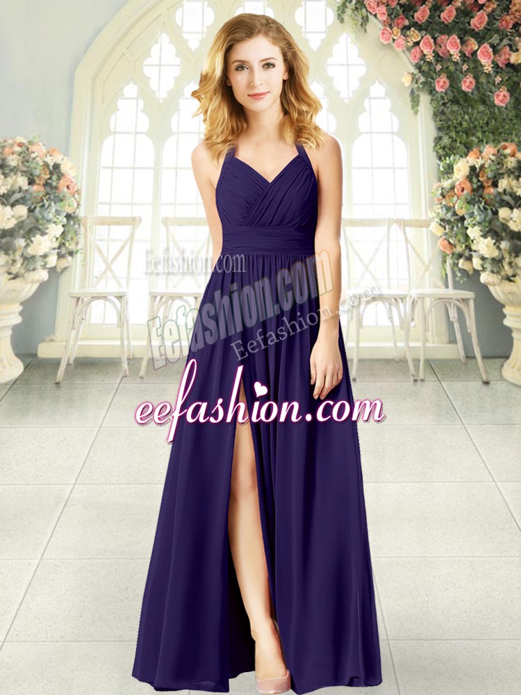 High Class Purple Prom Party Dress Prom and Party with Ruching Halter Top Sleeveless Zipper