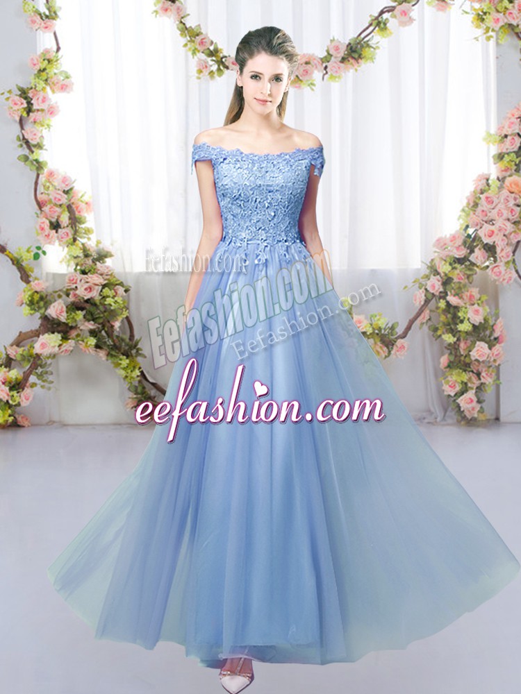  Empire Bridesmaid Dress Blue Off The Shoulder Tulle Sleeveless Floor Length Lace Up