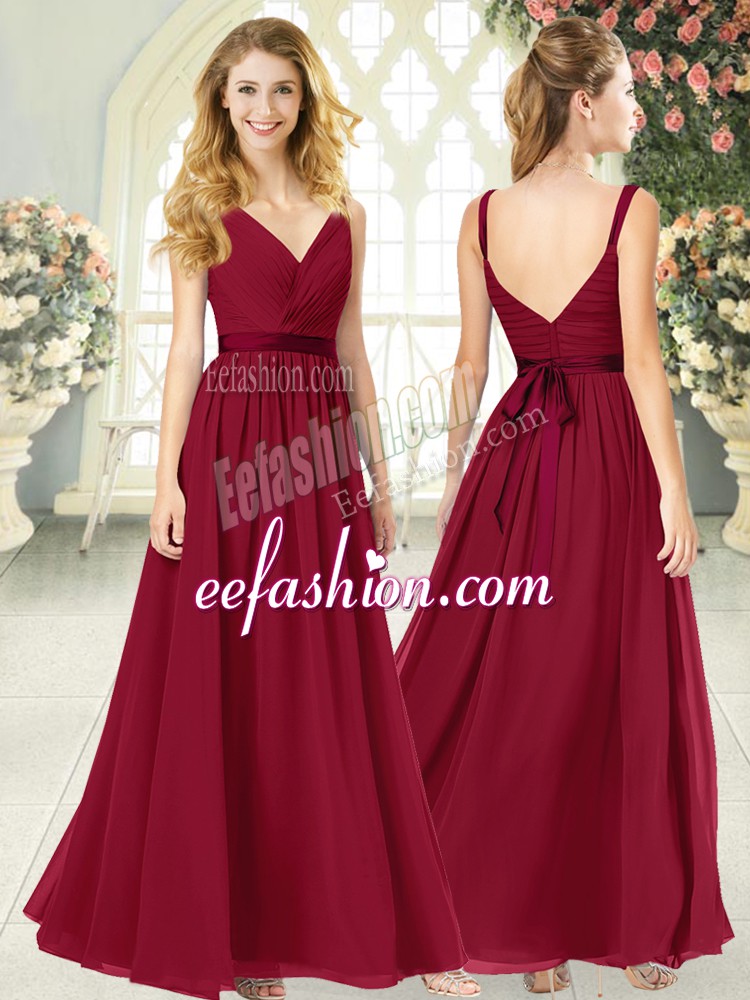 Dramatic V-neck Sleeveless Juniors Evening Dress Floor Length Ruching Wine Red Chiffon