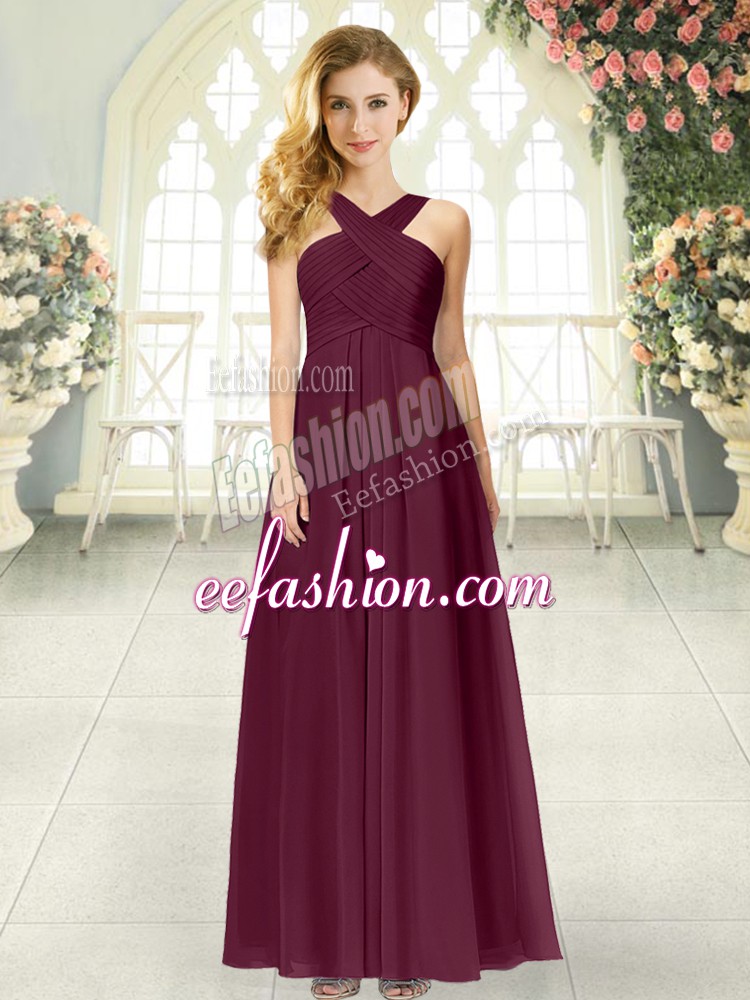 Hot Sale Burgundy Sleeveless Floor Length Ruching Zipper Prom Gown