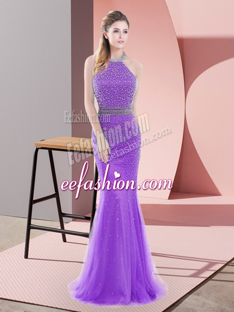 Fantastic Purple Mermaid Halter Top Sleeveless Tulle Sweep Train Backless Beading Prom Party Dress