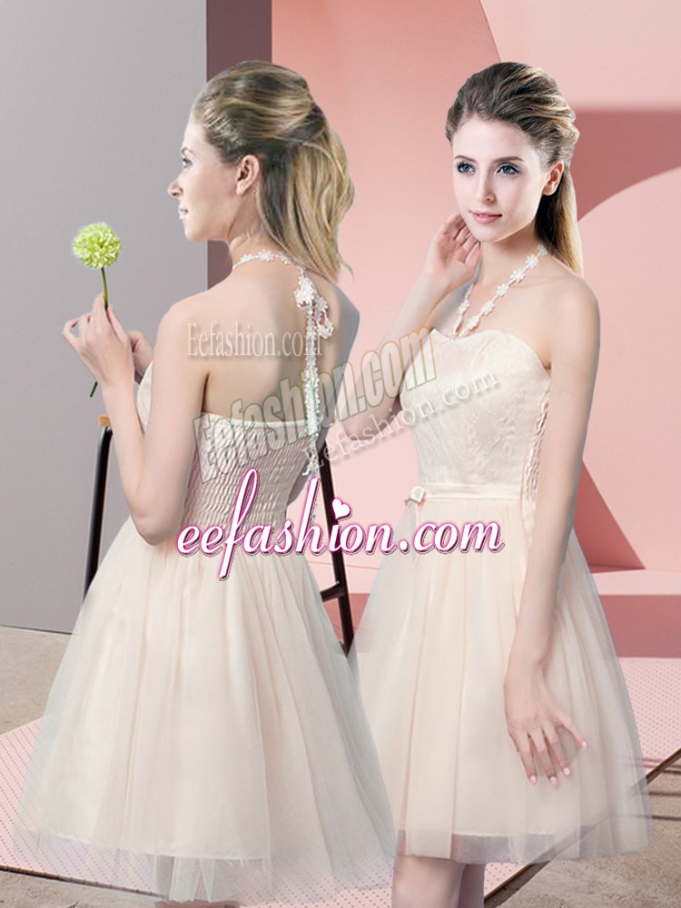  Champagne A-line Lace Prom Party Dress Side Zipper Tulle Sleeveless Mini Length