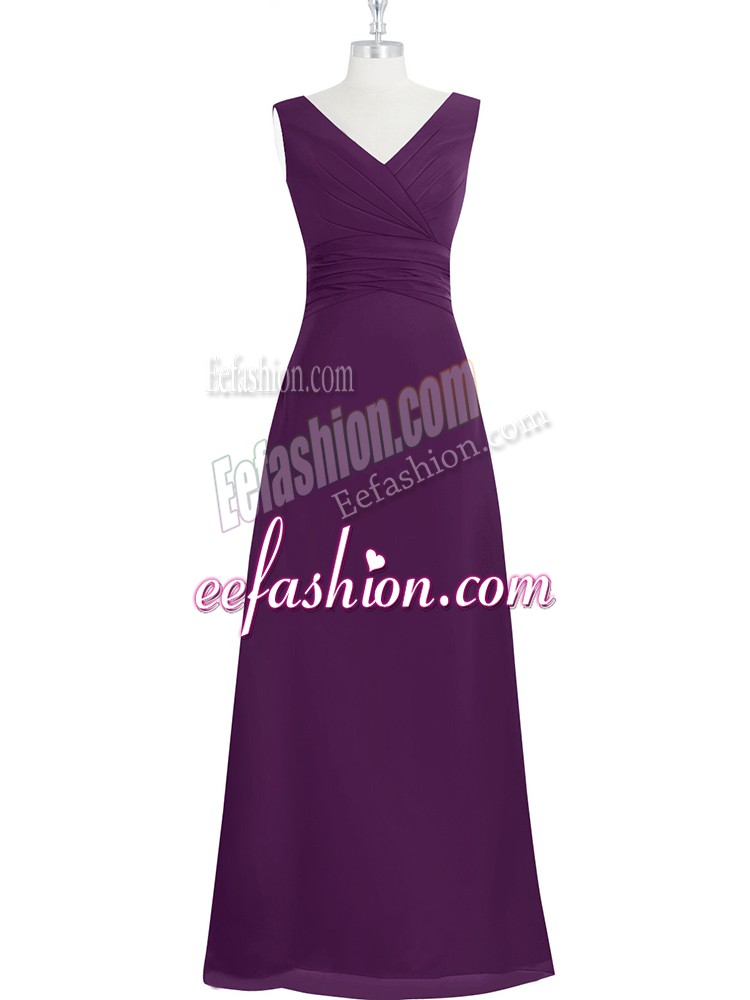 Floor Length Eggplant Purple Prom Party Dress V-neck Sleeveless Zipper