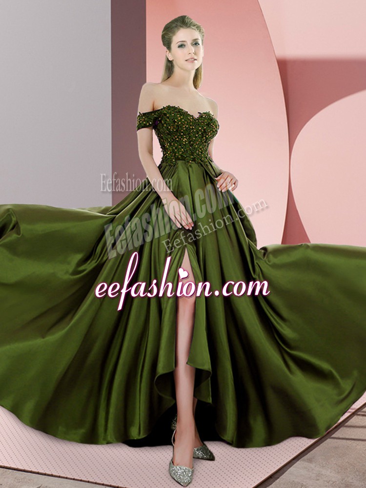 Elegant Empire Sleeveless Olive Green Prom Dresses Sweep Train Backless