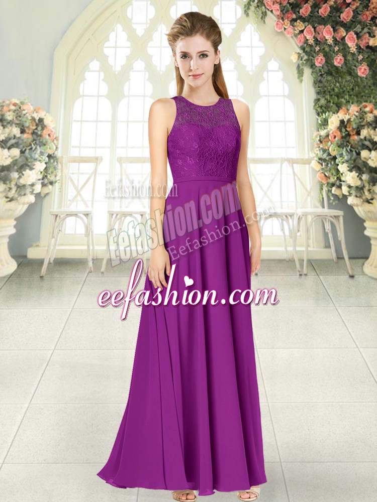  Purple Backless Prom Evening Gown Lace Sleeveless Floor Length