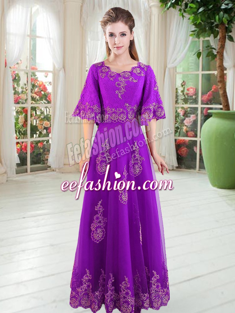  Scoop Half Sleeves Lace Up Prom Gown Purple Tulle