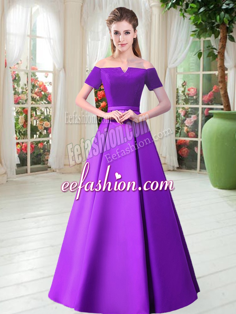  Off The Shoulder Short Sleeves Prom Evening Gown Floor Length Belt Purple Satin