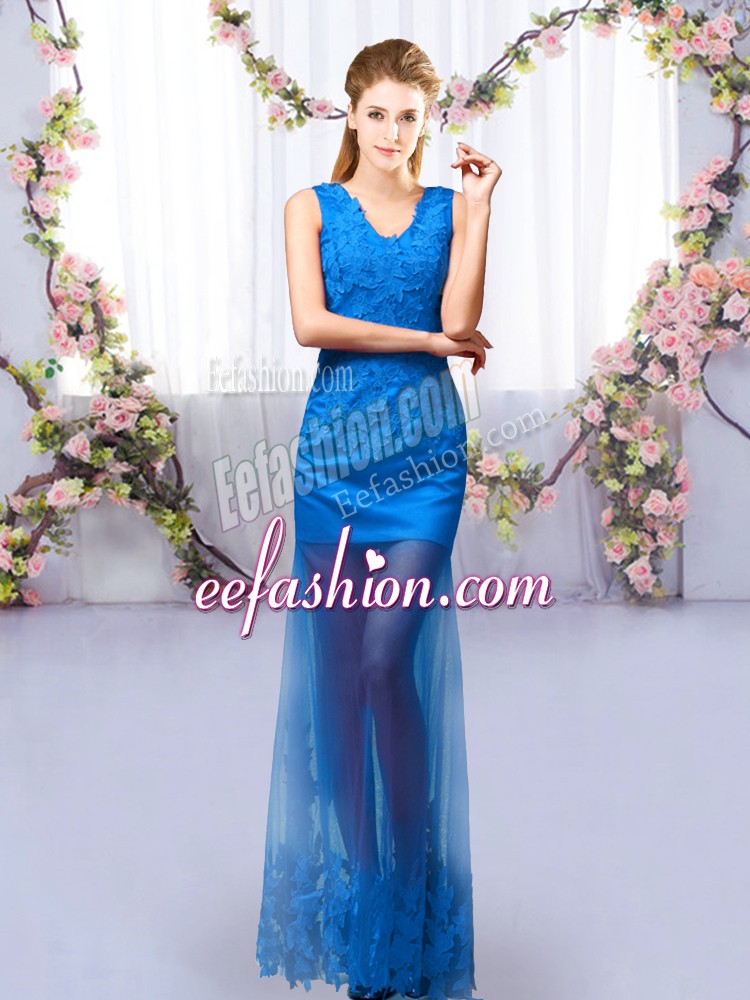 Chic Column/Sheath Bridesmaid Gown Royal Blue V-neck Tulle Sleeveless Floor Length Lace Up