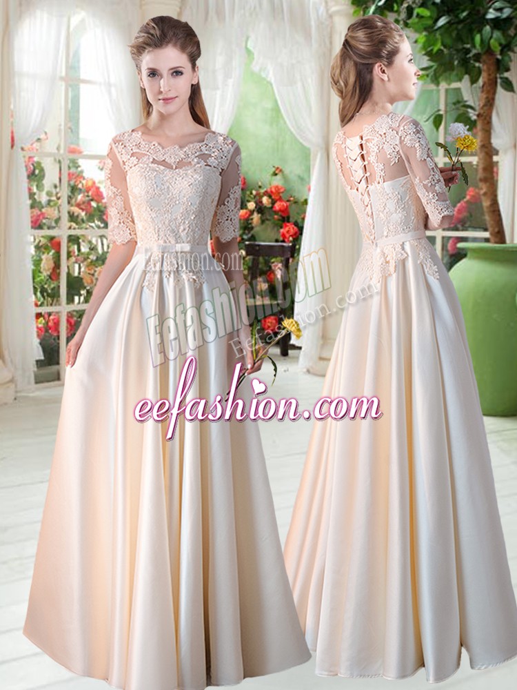  Champagne Satin Lace Up Scalloped Half Sleeves Floor Length Homecoming Dress Lace