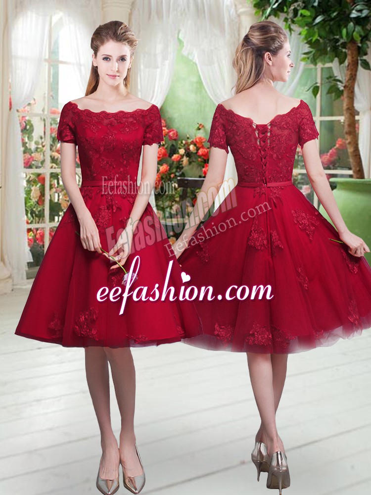 Fashion Knee Length A-line Short Sleeves Wine Red Prom Party Dress Lace Up
