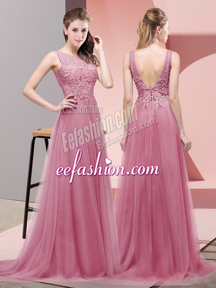  Pink Empire Tulle Scoop Sleeveless Lace Lace Up Dress for Prom Sweep Train