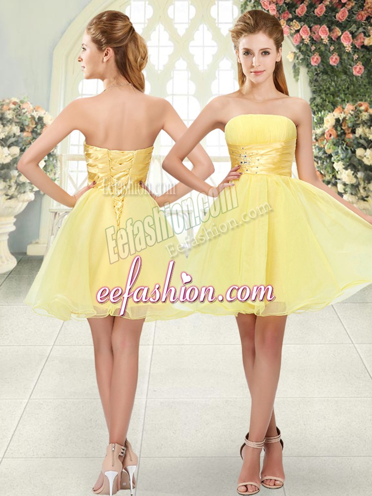  Mini Length Yellow Prom Dress Organza Sleeveless Beading