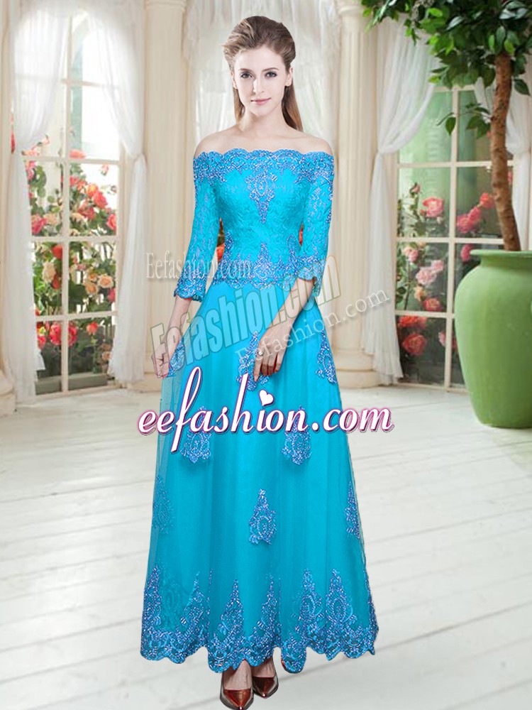  Off The Shoulder 3 4 Length Sleeve Lace Up Prom Party Dress Blue Tulle