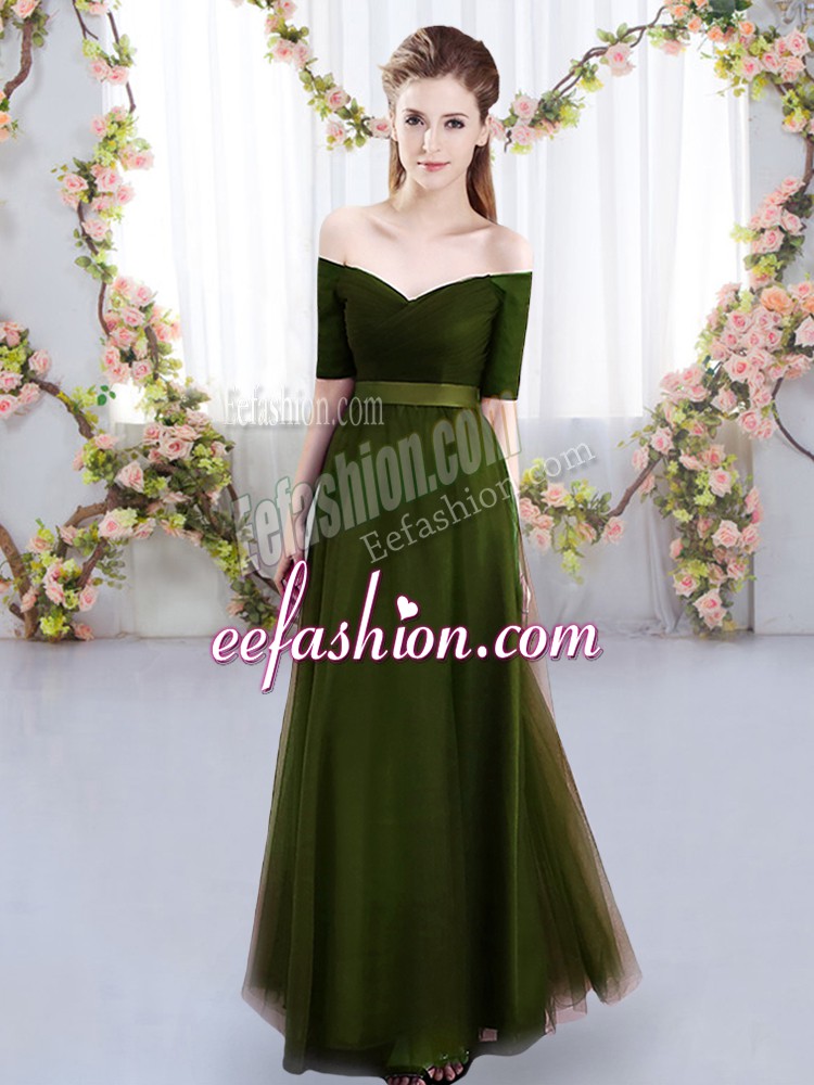 Popular Empire Bridesmaid Dresses Olive Green Off The Shoulder Tulle Short Sleeves Floor Length Lace Up