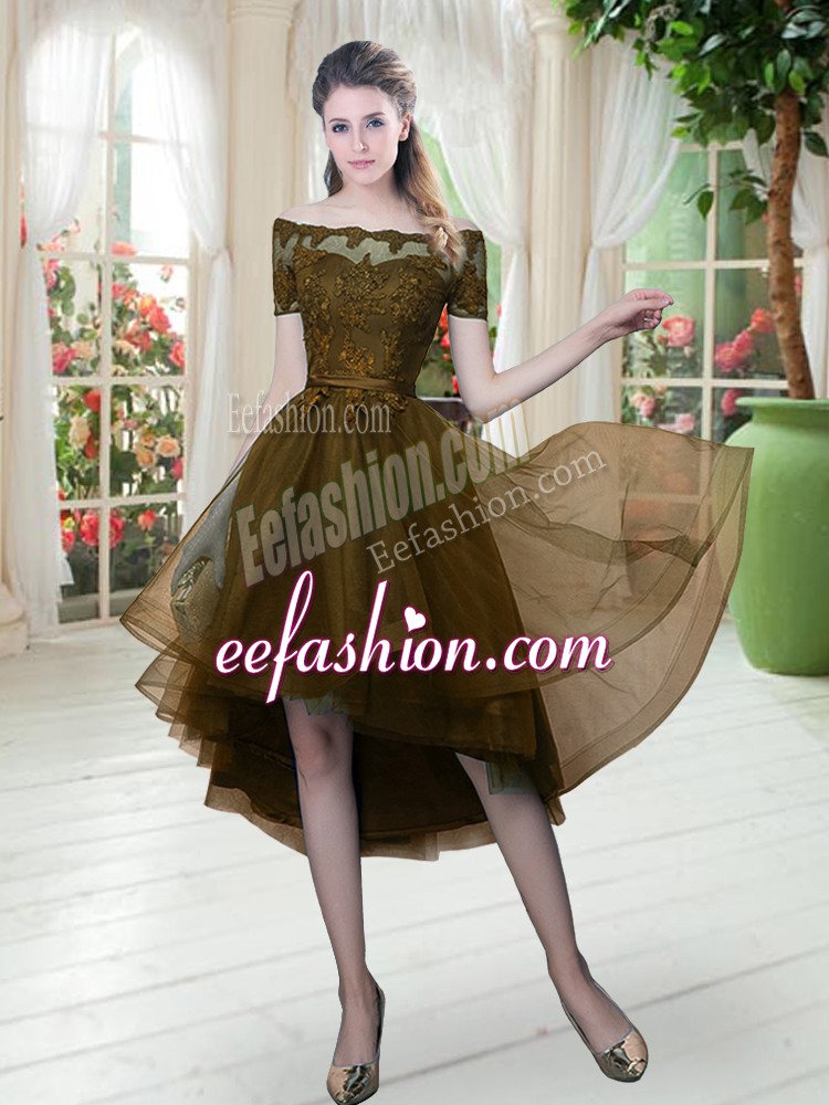 Captivating Brown Lace Up Off The Shoulder Lace Homecoming Dress Tulle Short Sleeves