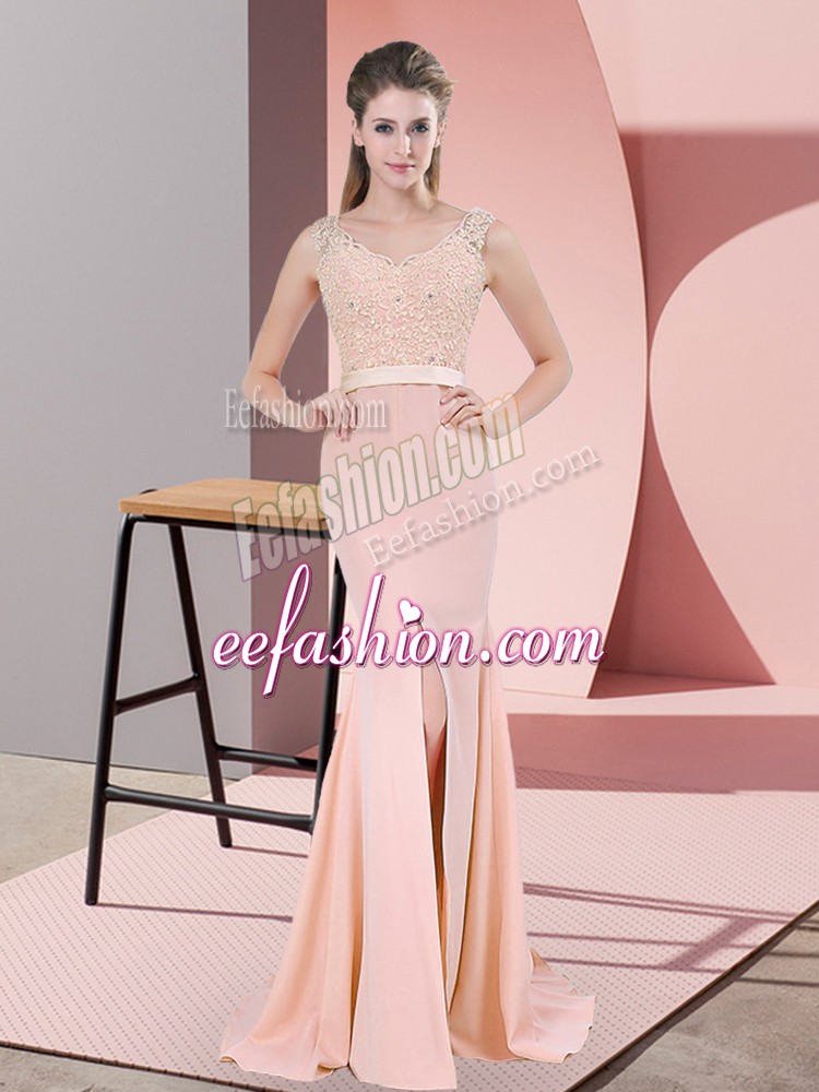 Hot Sale Peach Sleeveless Beading and Lace Zipper Evening Dress