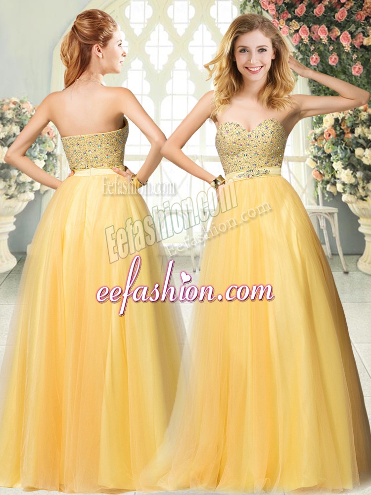  Gold A-line Tulle Sweetheart Sleeveless Beading Floor Length Zipper Prom Dresses
