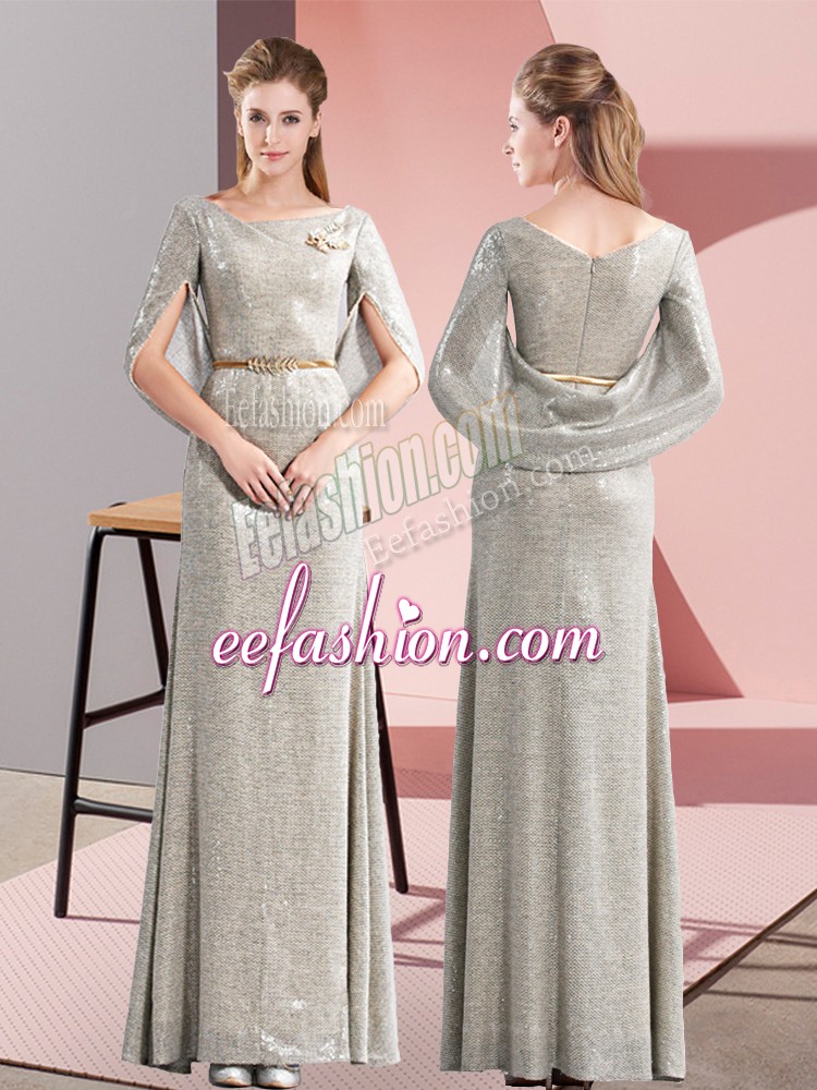  Grey Half Sleeves Belt Floor Length Evening Dress
