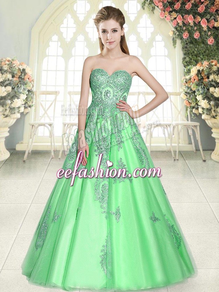 Romantic Green Lace Up Appliques Sleeveless Floor Length