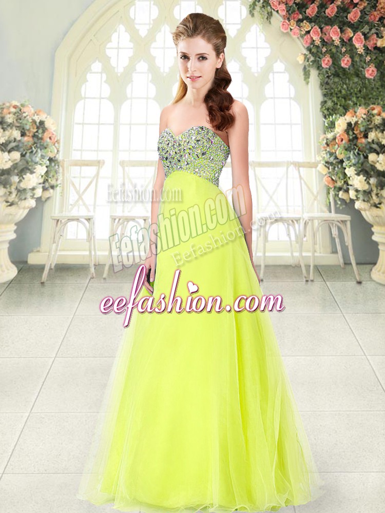  Yellow Green A-line Tulle Sweetheart Sleeveless Beading Floor Length Lace Up Prom Dresses