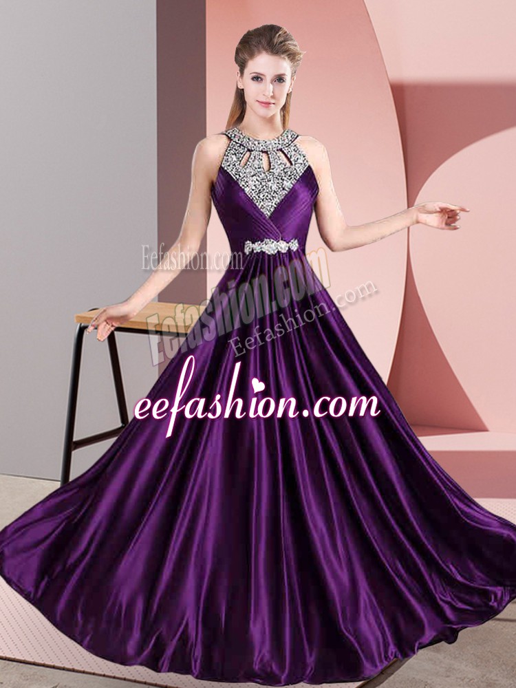 Modern Halter Top Sleeveless Zipper Homecoming Dress Purple Satin