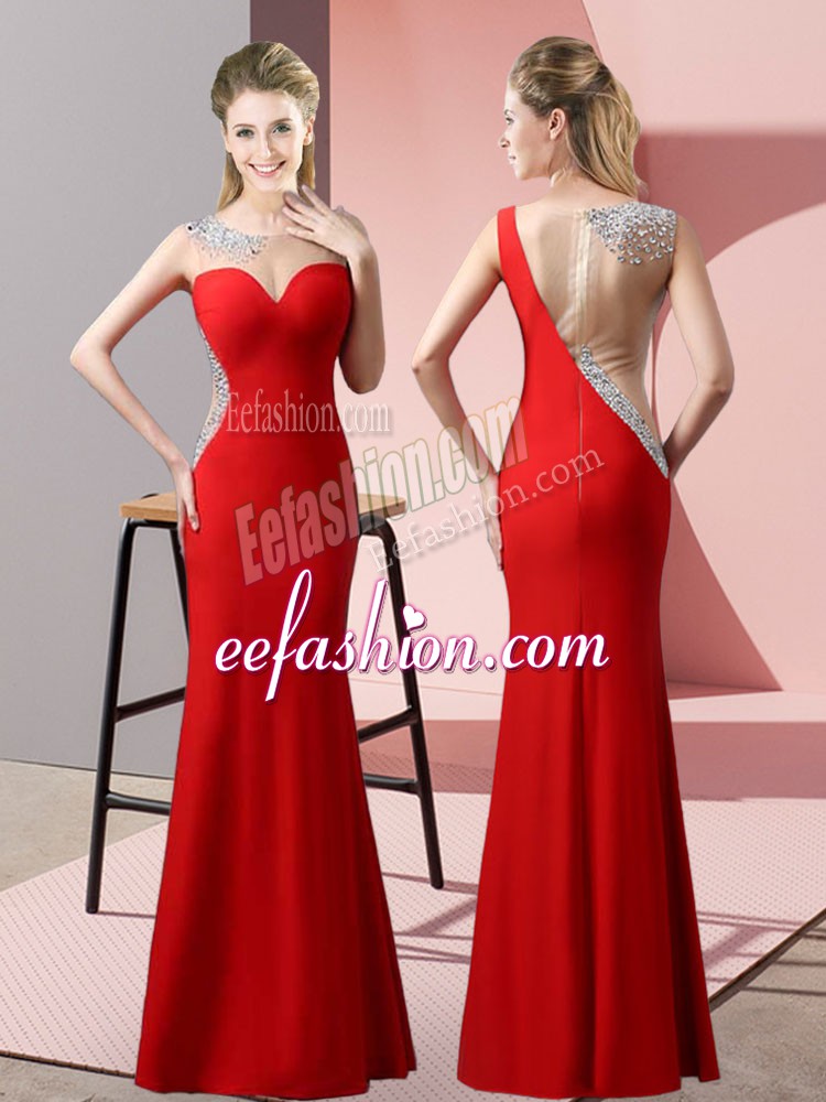  Red Mermaid Satin Scoop Sleeveless Beading and Pick Ups Floor Length Zipper Prom Dress