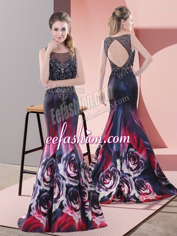  Scoop Sleeveless Printed Prom Gown Beading Sweep Train Backless