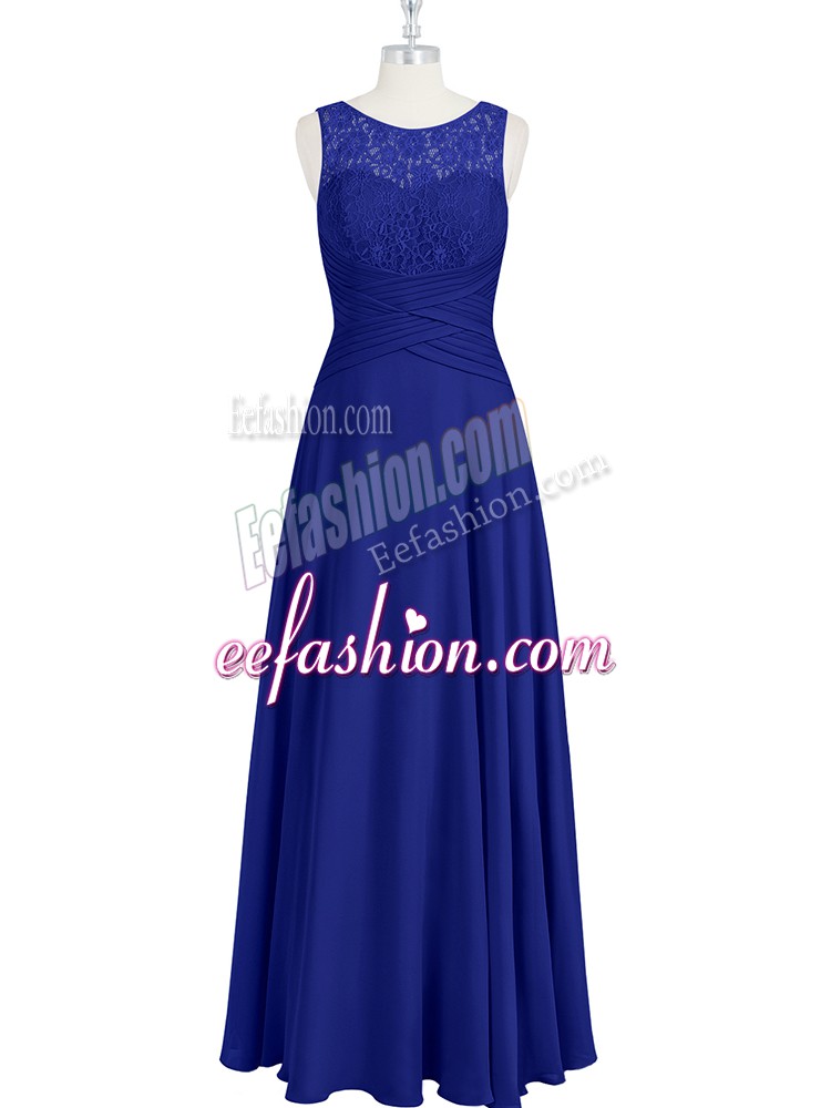  Sleeveless Chiffon Floor Length Zipper Evening Dress in Royal Blue with Lace and Pleated
