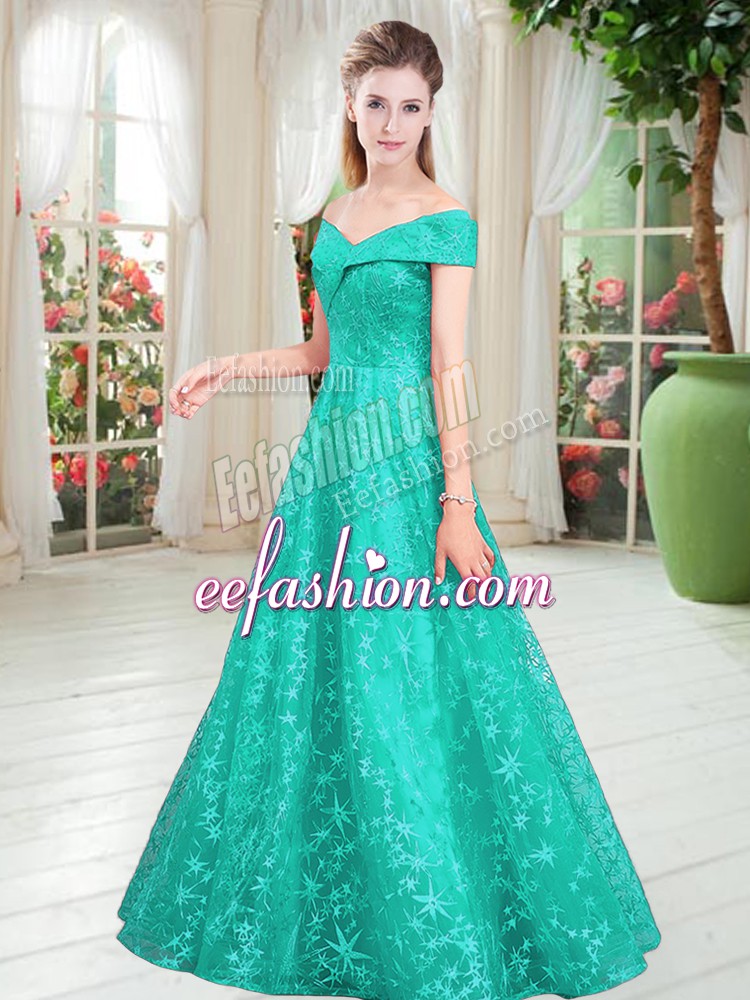 Stunning Turquoise Lace Up Off The Shoulder Beading Prom Party Dress Lace Sleeveless