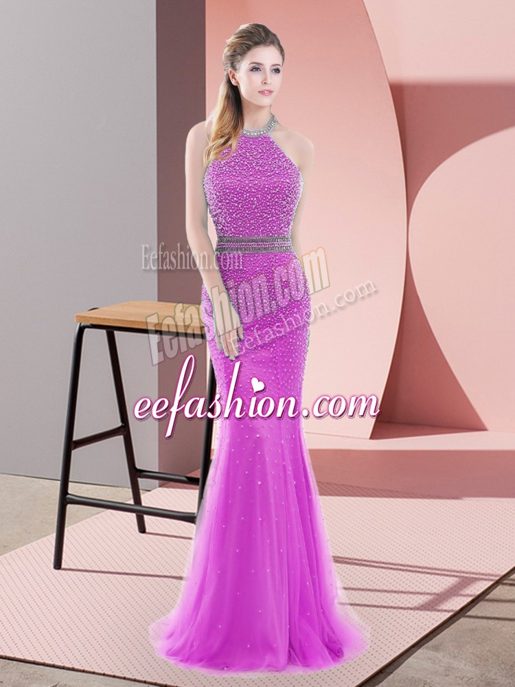 Cheap Lilac Backless Prom Dresses Beading Sleeveless Brush Train