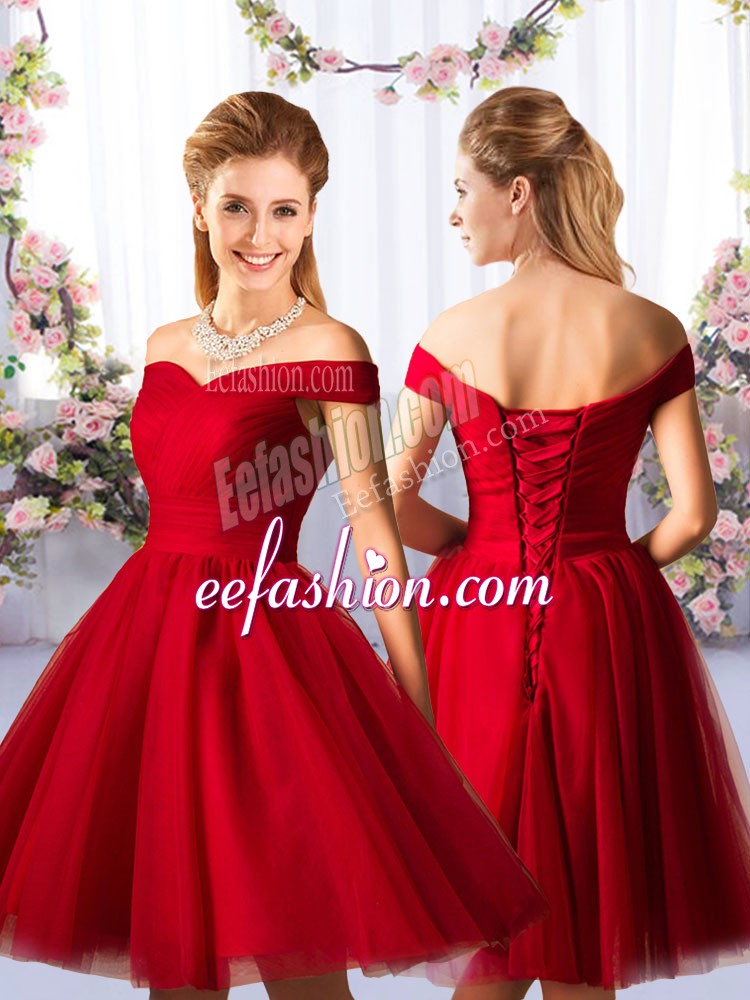 Smart Tulle Off The Shoulder Sleeveless Lace Up Ruching Court Dresses for Sweet 16 in Red