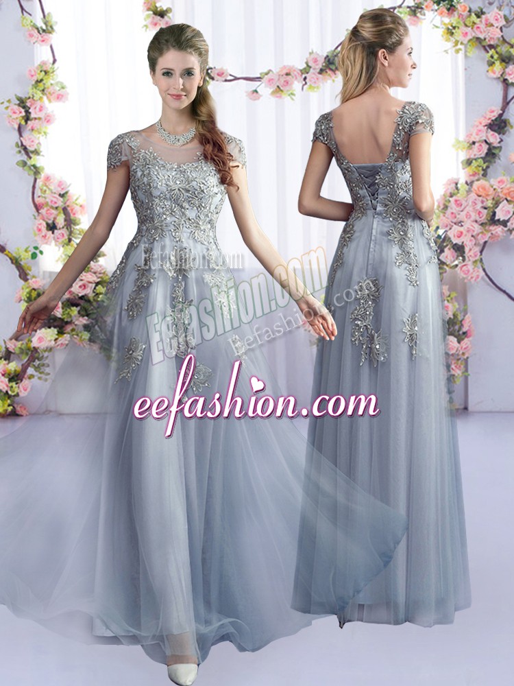  Grey Tulle Lace Up Dama Dress for Quinceanera Cap Sleeves Floor Length Lace