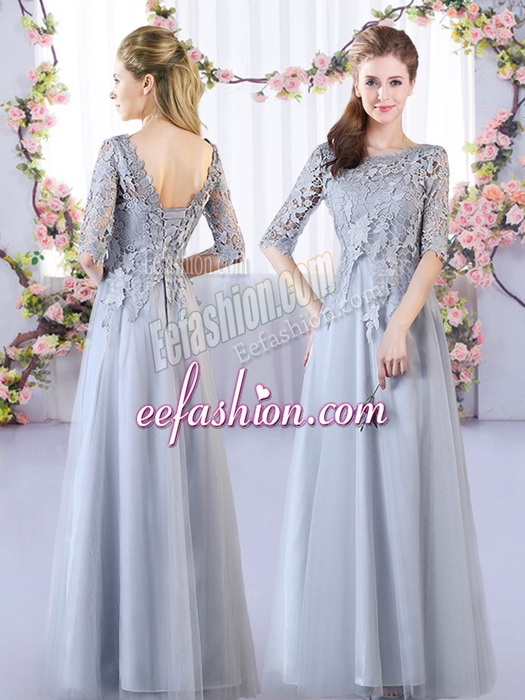  Grey Empire Lace Bridesmaid Dresses Lace Up Tulle Half Sleeves Floor Length