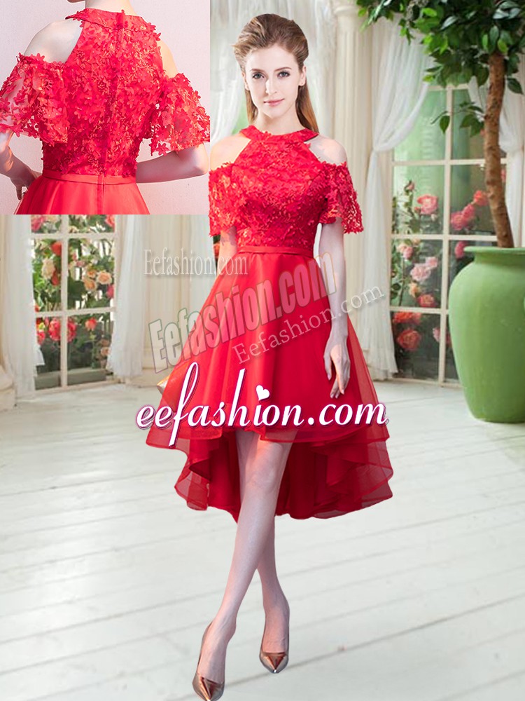  Short Sleeves High Low Lace Zipper Evening Dress with Red