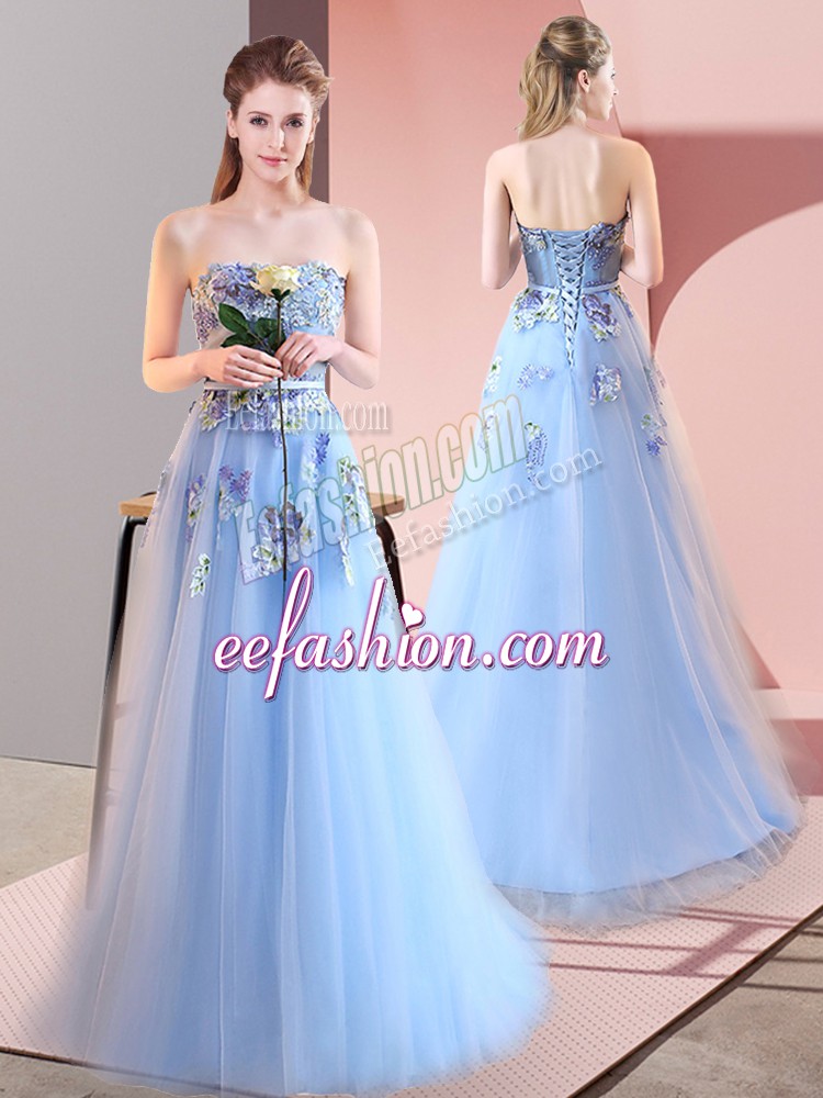 Delicate Floor Length Lace Up Prom Gown Blue for Prom and Party with Appliques