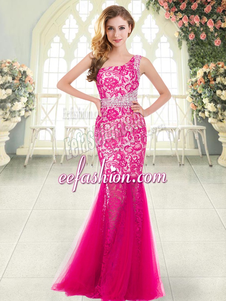  Hot Pink Mermaid Beading and Lace Homecoming Dress Zipper Tulle Sleeveless Floor Length