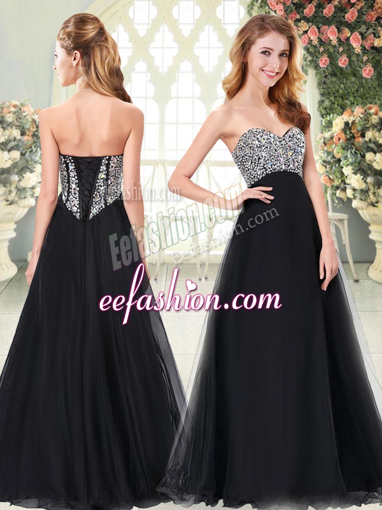 Sophisticated Floor Length Black Prom Party Dress Sweetheart Sleeveless Lace Up